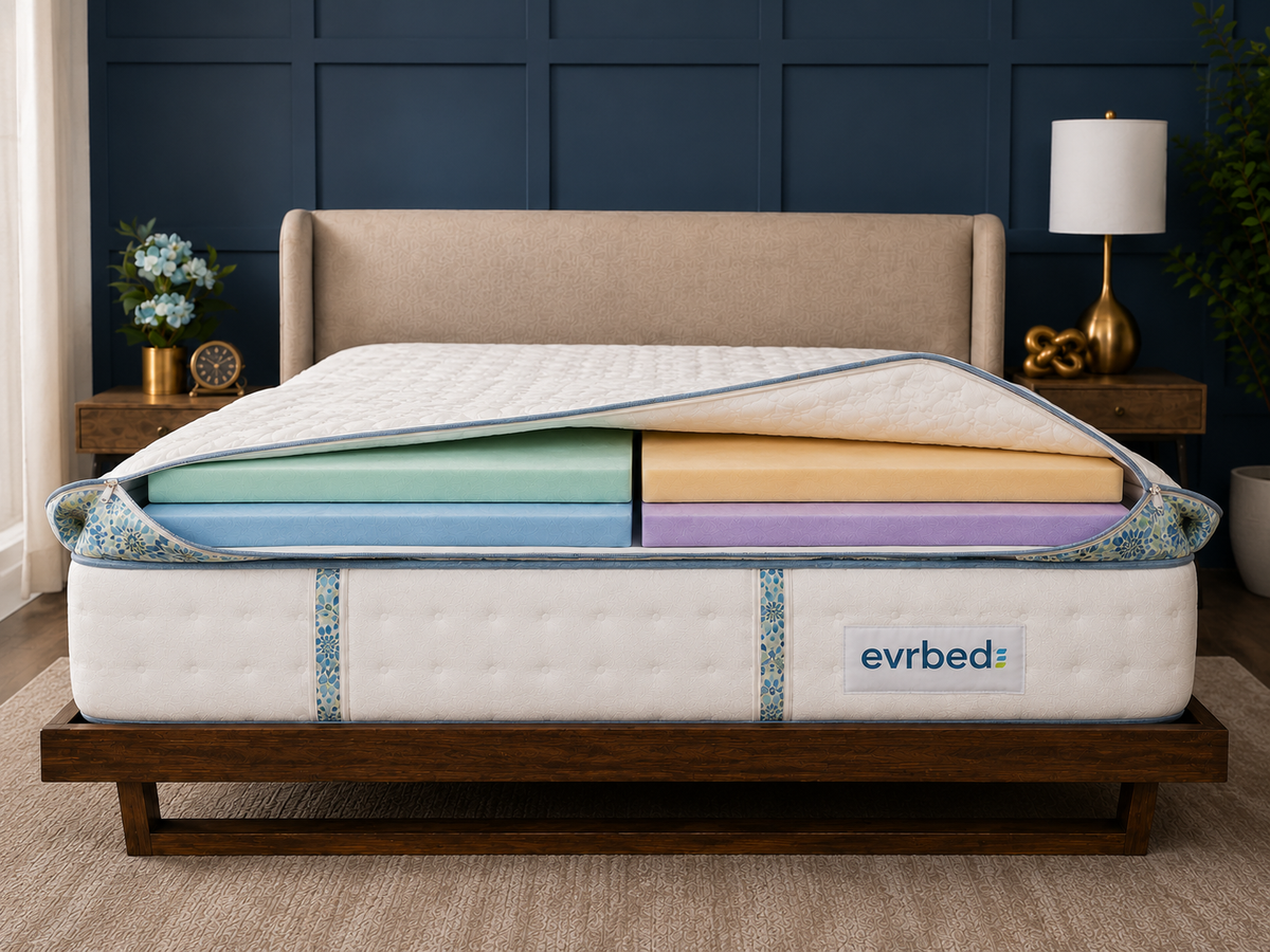 Open Evrbed mattress showing four accessible comfort layers